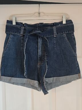 High-Rise Dark Blue Denim Paperbag Shorts with Tie Belt
